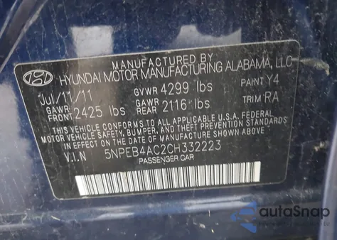 2012 Hyundai Sonata Gls from USA, damaged, VIN 5NPEB4AC2CH332223